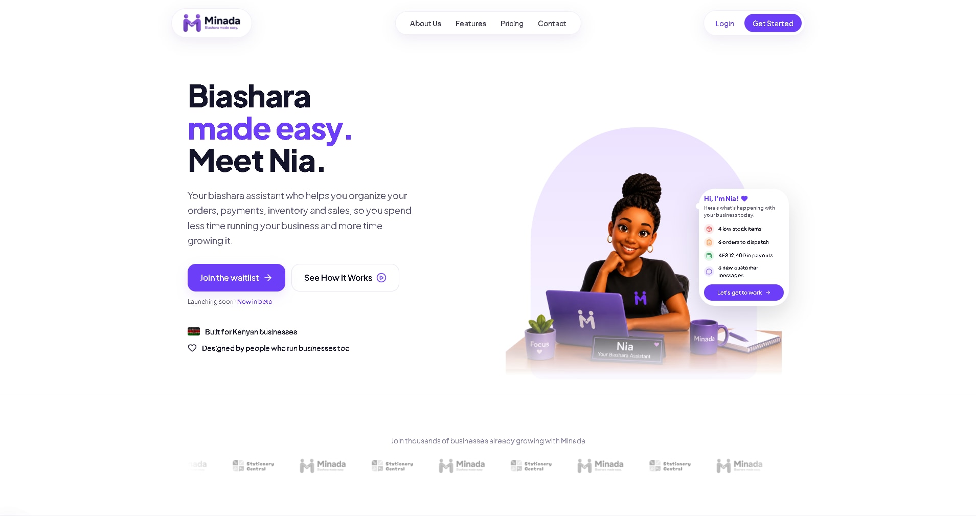 Minada platform homepage introducing Nia the biashara assistant