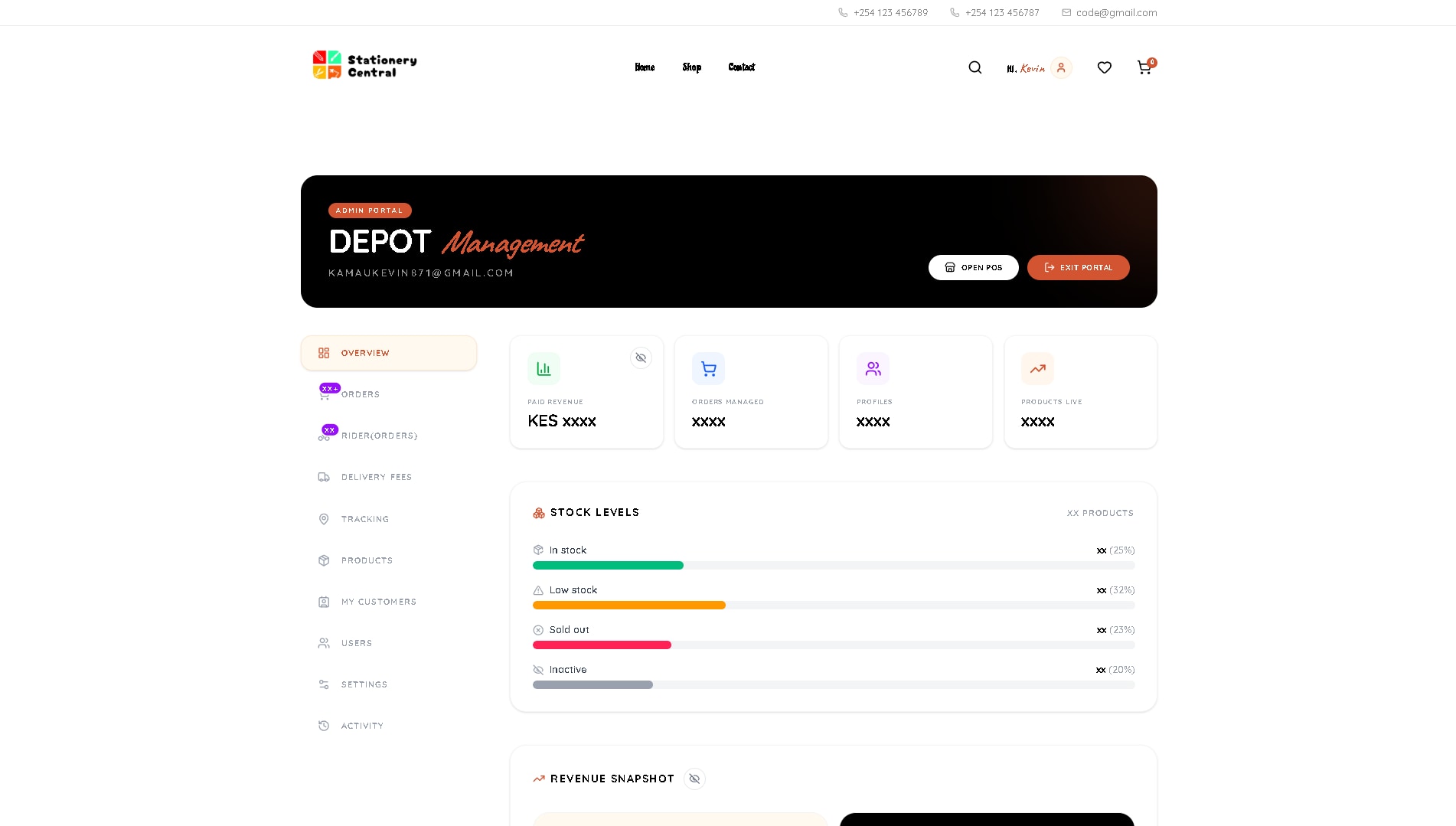 Stationery Central DEPOT Management seller portal dashboard showing stock levels, revenue, and order metrics